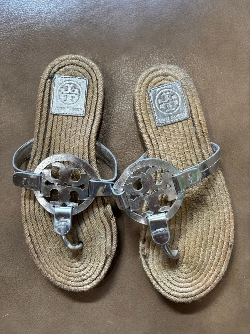Tory Burch Metallic Silver Logo Rope-Trim Thong Sandals